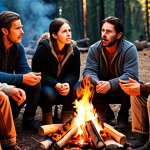 **Warm campfire scene, people gathered, listening intently to a storyteller. Focus on expressions of captivation and shared experience.** (This relates to the "engaging storytelling" aspect).