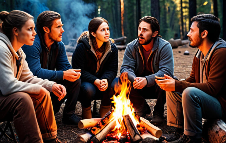 **Warm campfire scene, people gathered, listening intently to a storyteller. Focus on expressions of captivation and shared experience.** (This relates to the "engaging storytelling" aspect).