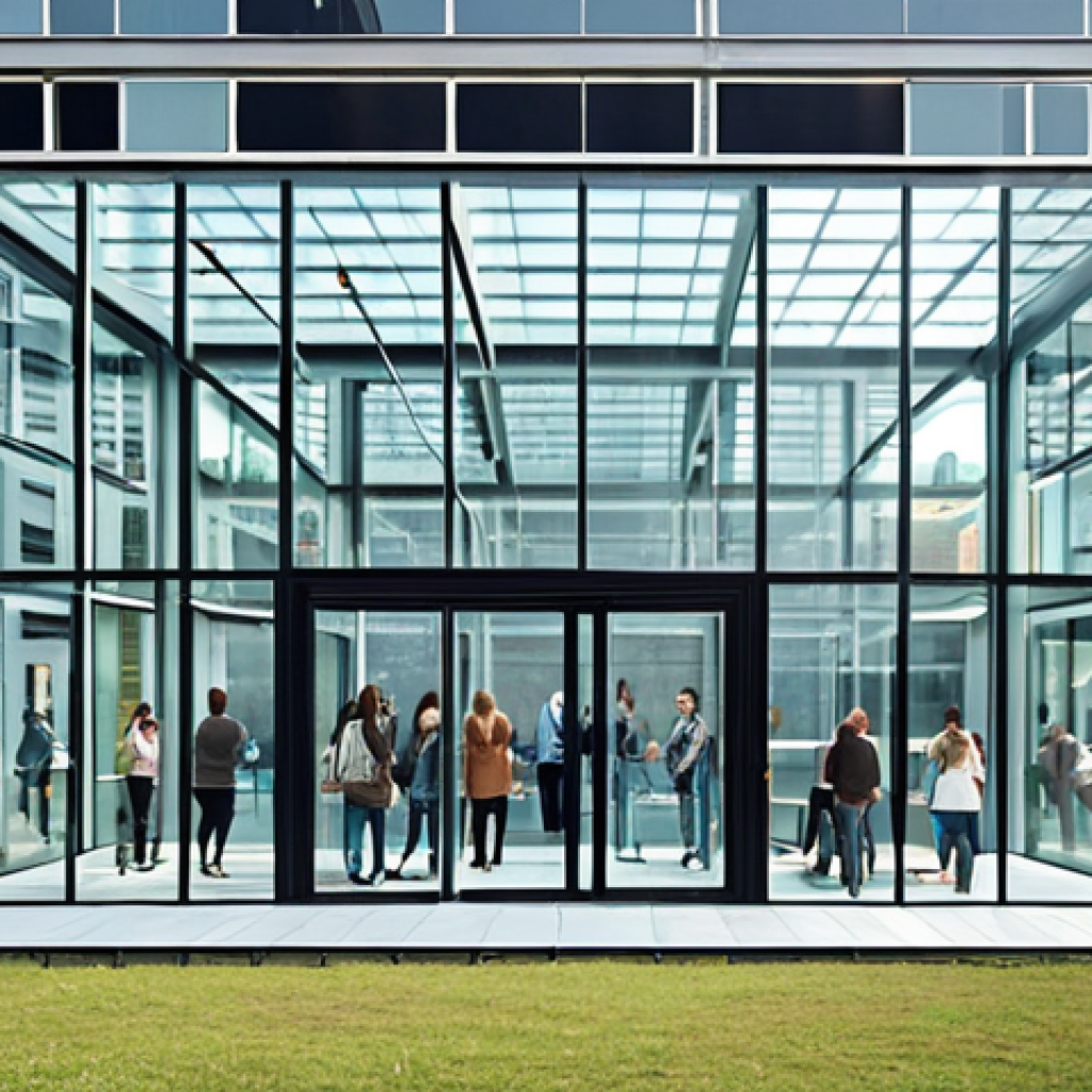 **A transparent glass building with people inside, representing openness and trust in a crowdfunding startup. Focus on modern design and a sense of community.** (Captures the essence of transparency)