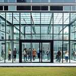 **A transparent glass building with people inside, representing openness and trust in a crowdfunding startup. Focus on modern design and a sense of community.** (Captures the essence of transparency)