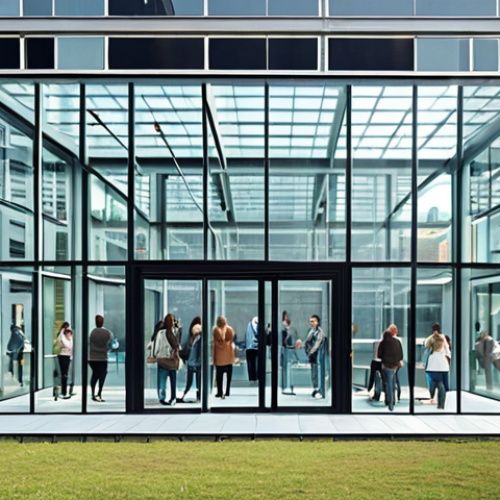 Home 6 **A transparent glass building with people inside, representing openness and trust in a crowdfunding startup. Focus on modern design and a sense of community.** (Captures the essence of transparency)