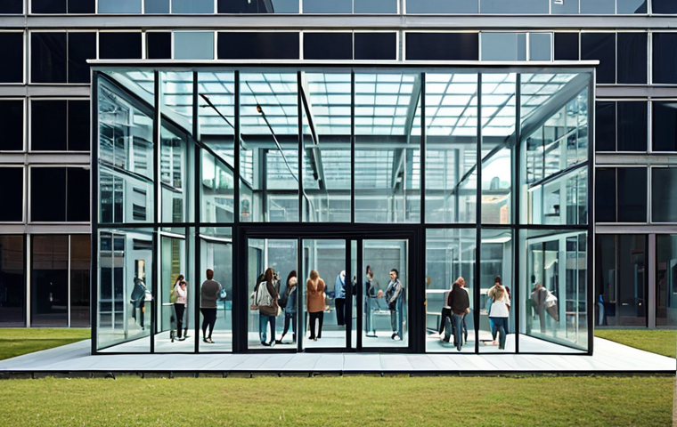 **A transparent glass building with people inside, representing openness and trust in a crowdfunding startup. Focus on modern design and a sense of community.** (Captures the essence of transparency)